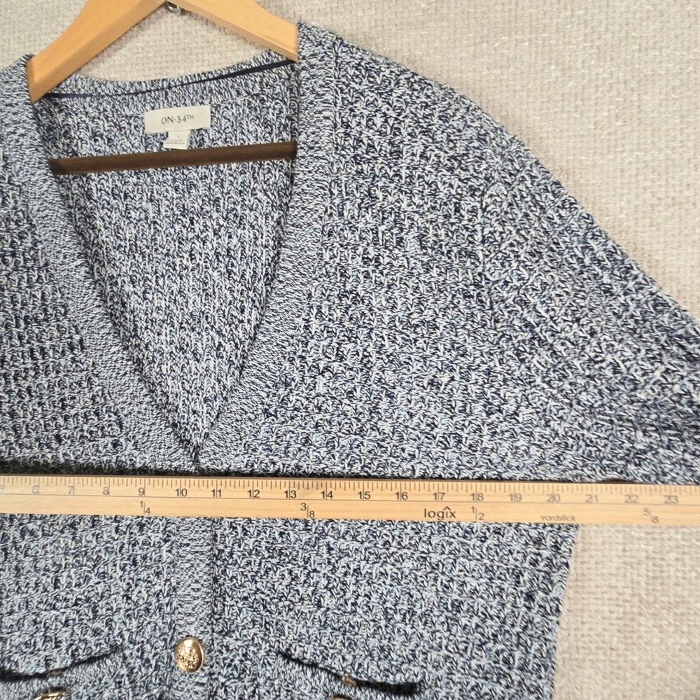 ON‎ 34TH Womens Blue White Marled Cotton Knit Cardigan Gold Crest Buttons Large - Picture 4 of 10